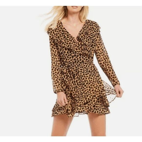 Free People Frenchie Mini Wrap Dress Tan Black Leopard Print Textured Ruffle XS - Picture 1 of 13